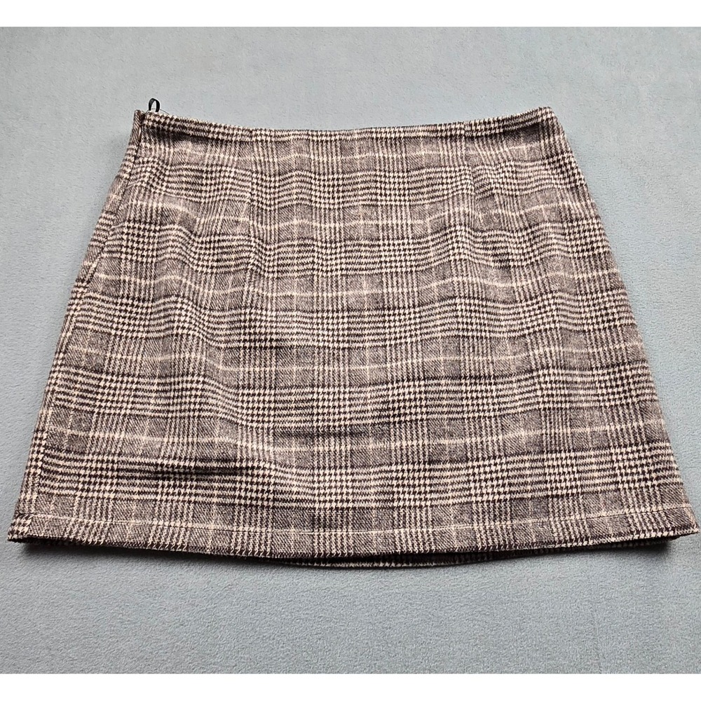 III Women Brown Glen Plaid Wool Blend A-Line Mini Skirt Size L‎ Side Zip Career